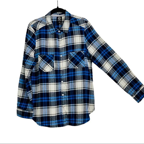 Bobeau Cobalt Plaid Flannel Long Sleeve Shirt with Chiffon - Picture 3 of 8